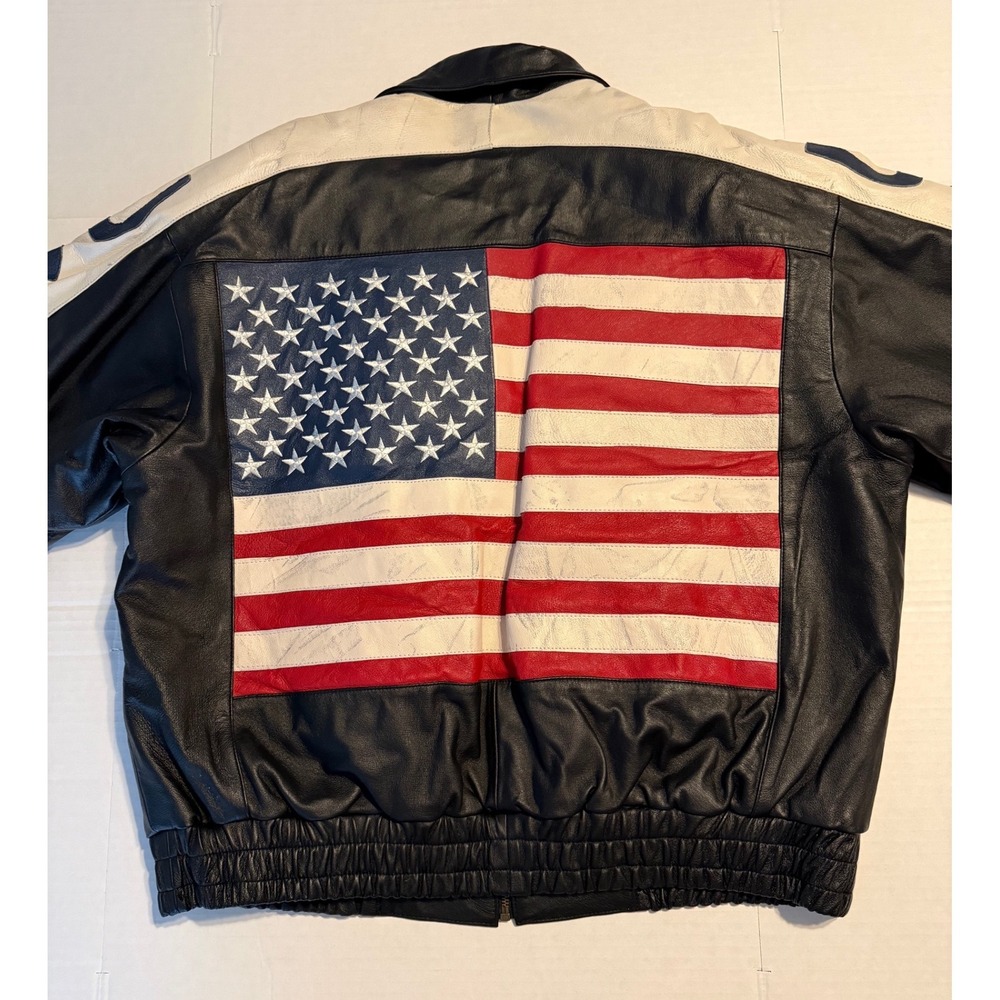 VTG Extreme-Biker Mens American Flag Leather Jacket L Black Thinsulate Patriotic